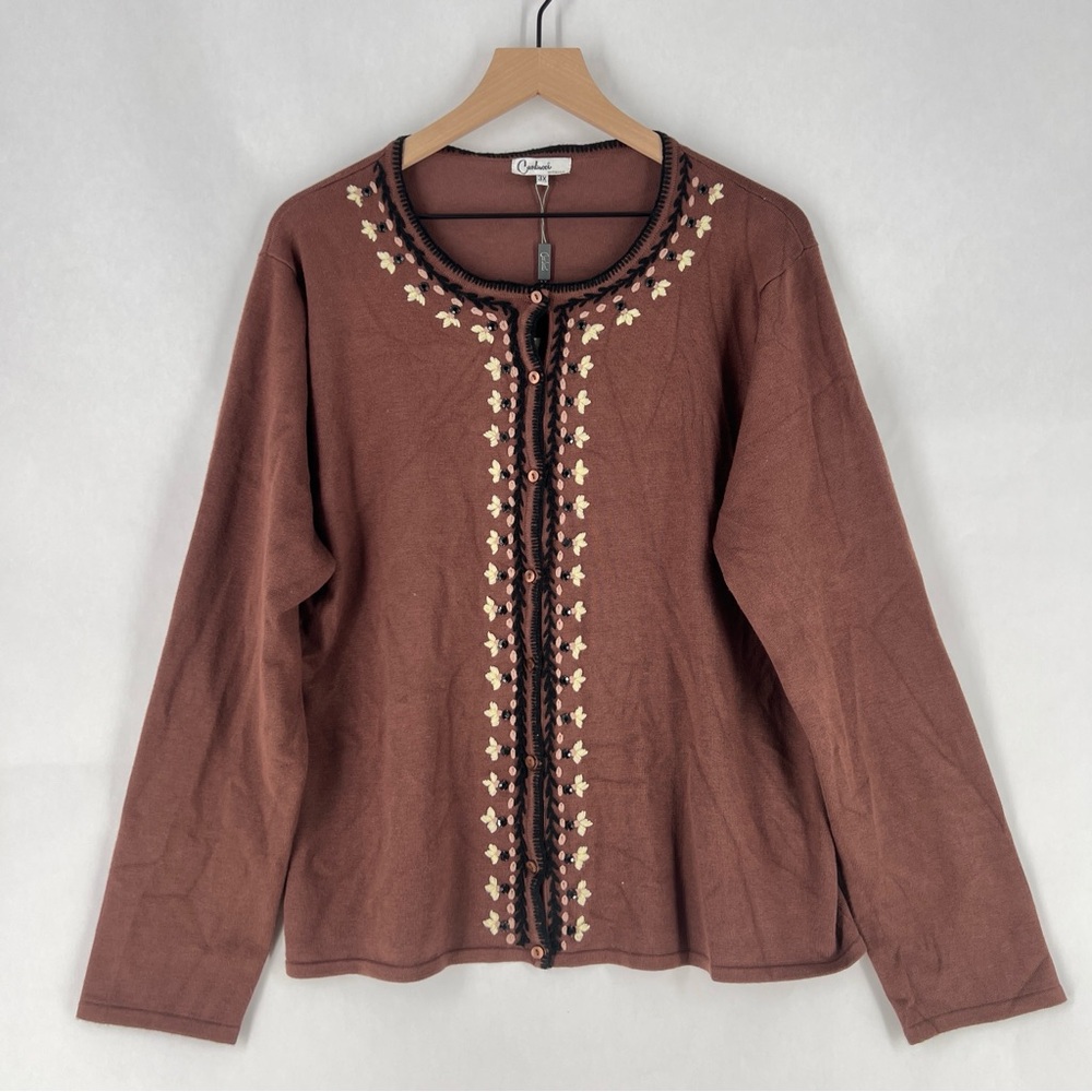 Carducci Mocha Brown Floral Embroidered Rhinestone Button Front Cardigan NWT‎ 3X